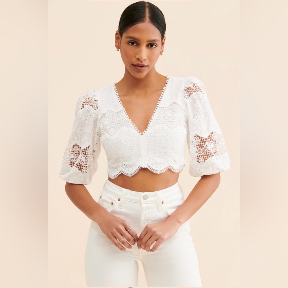 Women's White Eyelet Lace V-Neck Crop Top